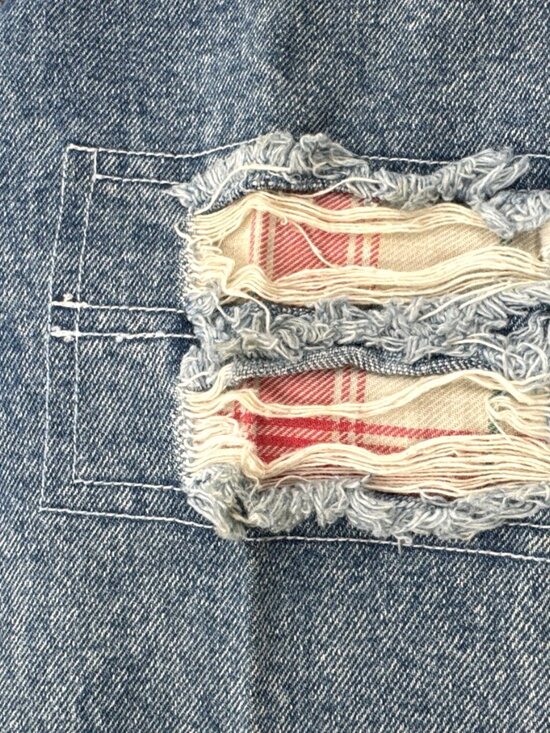 Vintage IOU  Patchwork Jeans Mens 31 Denim Distressed Stone Washed Tapered 31x32 - Picture 15 of 16